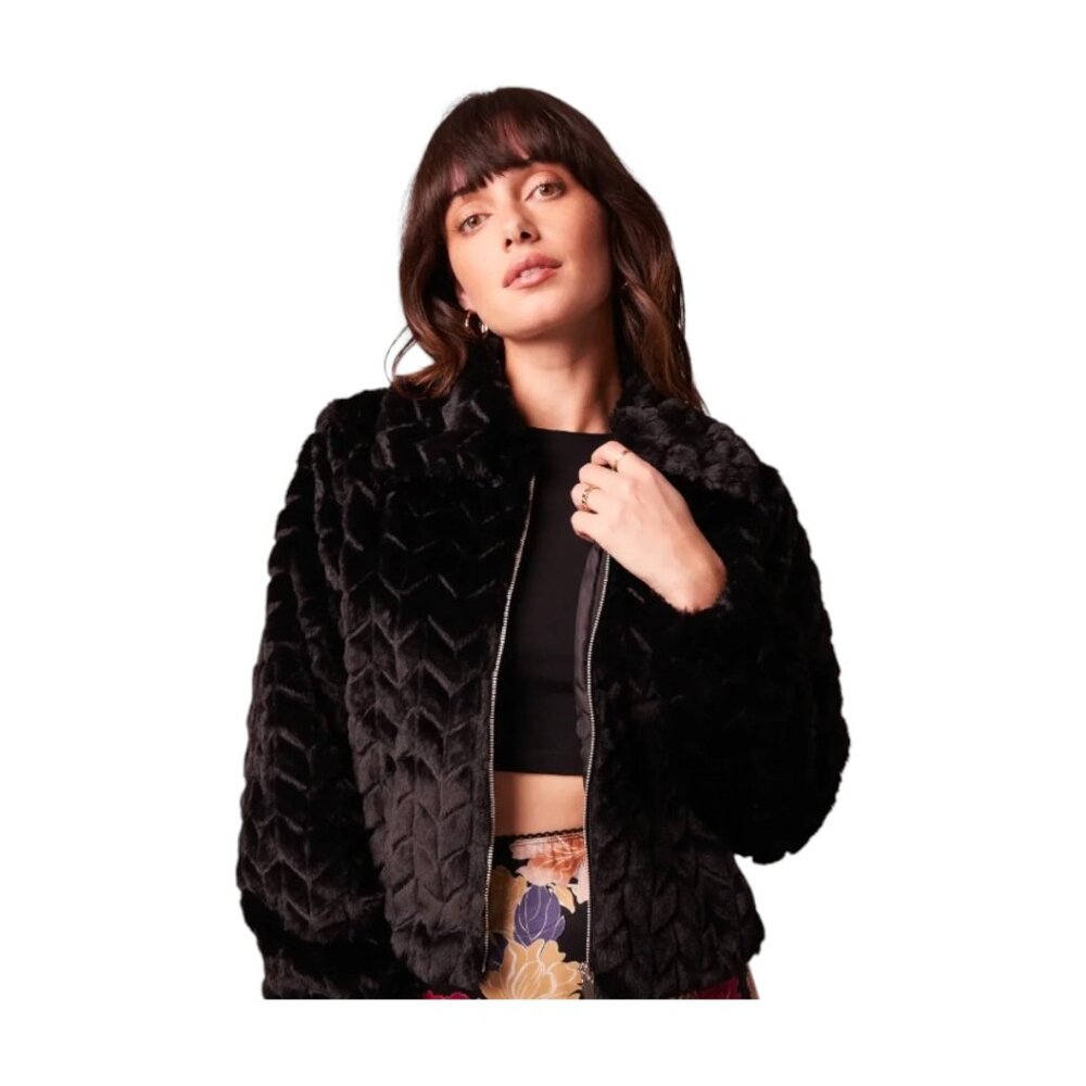 Band of Gypsies BOF Val Faux Fur Chevron Jacket in Deep Brown Size Medium NWT